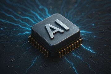 Silver AI processor with blue energy. Use for computing, data, technology and futuristic marketing
