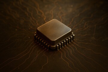 Bronze AI microchip with etched circuits. Use for hardware, technology, computing and data marketing
