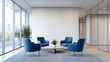© THIBNH - modern office lounge area with four blue chairs and round table on carpet, surrounded by glass windows and minimal white walls. 3d rendering. 3d rendering
