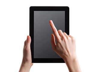 Hands holding a tablet computer with finger touching the screen