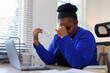 © David - Overworked tired african female worker holding glasses feel eye strain fatigue after computer work multiracial woman suffer from pain in dry irritated eyes bad blurry vision eyesight problem