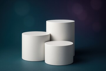 Three white pedestals are standing on a blue background. 3d isolated illustration on transparent background