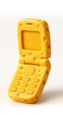 a cute 3d flip phone made using block of cheese, isolated on white background