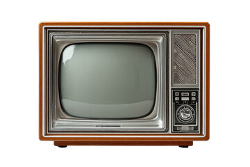 Vintage television set, front view.  Wooden, light-brown frame, metal accents.  Blank screen, muted gray-green hue.  Control knobs and buttons visible