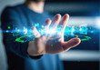 © remake - Hand with holographic digital interface projection. Virtual reality technology, futuristic gesture control, augmented business analytics. Interactive cyber visualization, modern innovation concept.