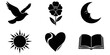 © VECTOR BUNDLE - A versatile vector collection of six symbolic silhouette icons, featuring a dove, flower, crescent moon, sun, heart, and book.