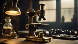 A vintage microscope illuminated by a lamp on a desk with bottles and a keyboard in the background