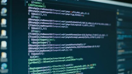 Computer Screen Displays Complex Code in Blue Light with Finger Pointing at Script
