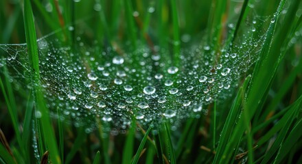 Sparkling dew drops adorn a delicate spider web nestled amongst vibrant green grass, capturing the serene beauty of a fresh morning.