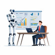 © FaidUtility - An AI robot presenting business analytics and data on a large screen to a businessman working on a laptop.