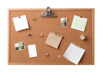 Cork bulletin board with various notes, photos, and pins