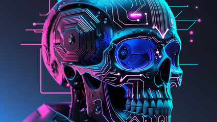 Cyberpunk skull ai robot futuristic technology neon digital art artificial intelligence machine learning concept
