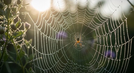 Dew-Kissed Spiderweb with Central Spider, Illuminated by Morning Sunlight in a Lush Garden Setting