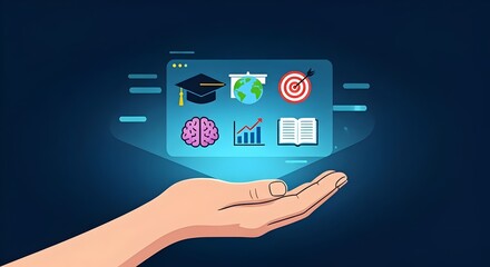holding a with icons representing education, growth, success. interface includes a graduation cap, Education Distance E-learning Online Learning Personal development concept, A human hand open 