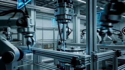 Robotic arms in a futuristic factory assembly line with glowing digital interfaces showcasing advanced automation and precision manufacturing.