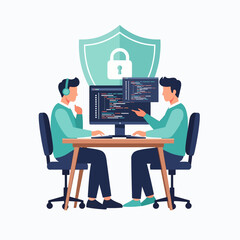 Pair programming at desk  Minimal Flat Vector Illustration for software development, IT support, apps, templates, and brandless design