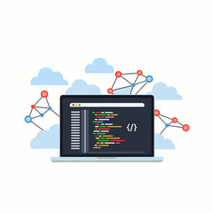 Laptop with code editor and brackets  Minimal Flat Vector Illustration for software development, IT support, apps, templates, and brandless design