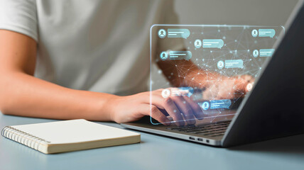 Professional programmer coding on a laptop, interacting with a futuristic digital interface showing data and analytics