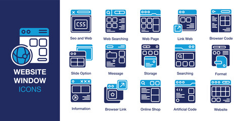 Website Window icon set. Containing website, screen, web, page, interface, and more. Solid vector icons collection. Vector illustration.