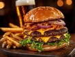 © VANATSANUN - Double smash burger with cheese lettuce onion dressin. Two hefty ground beef patties cheeseburger with crisp romaine sliced allium creamy condiment a tasty diner classic culinary