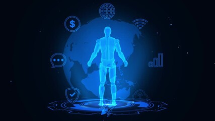 Wall Mural - Futuristic Hologram of Human Figure with Global Digital Interface Elements