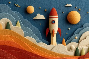 Wall Mural - colorful rocket launching through an artistic space-inspired layered design