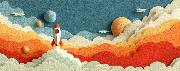 Wall Mural - colorful rocket launching into a textured space scene with vibrant clouds