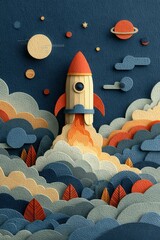 Wall Mural - colorful rocket launching amidst clouds with planets and stars in the background