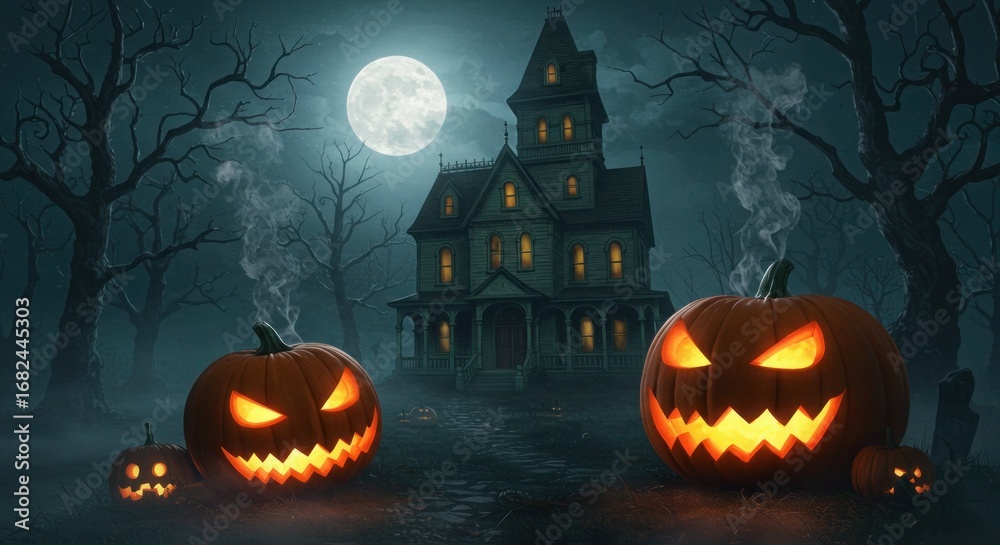 ภาพประกอบ Stock Spooky halloween night with jack o lanterns and haunted ...