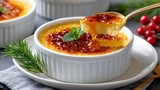 Spoon scooping creme brulee from ramekin with christmas decoration
