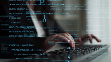 A business professional focuses on typing code on a computer keyboard, surrounded by floating programming symbols in a high-tech office environment, representing innovation and technology. Xenic
