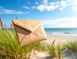 © WutStock02 - A weathered mail envelope rests on the sandy beach, partially buried in the grains, with gentle waves lapping nearby and seagulls soaring above.