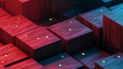 Abstract 3D Render Illustrating Wood Cubes with Red and Blue Gradient Lighting