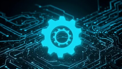 Abstract 3D Rendering Of Blue Gear Over Circuit Board Background