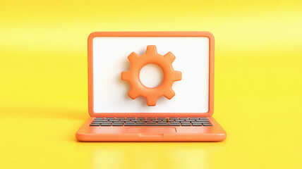 Orange laptop displaying a single orange gear against a vibrant yellow background