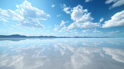 Vast salt flat with cracked terrain and clear blue sky white clouds, for web background and meditation APP interface design material
