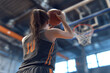 © Vinogradova - Female basketball player back to camera, preparing to shoot ball into hoop, high-resolution, realistic textures, dynamic sports scene on indoor basketball court, athletic concept.