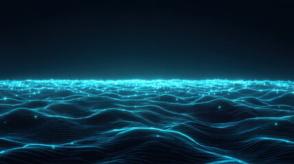 Wall Mural - Mesmerizing digital ocean scene featuring glowing blue waves that create sense of depth and tranquility. luminous lines evoke feeling of calmness and serenity, perfect for backgrounds or abstract