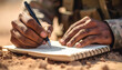 © latifah - Soldier writing in a notebook, capturing thoughts during duty in a desert environment