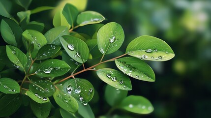 Leaf after the Rain: Captivating macro photograph of fresh green leaves glistening with raindrops, showcasing the serene beauty of nature after a gentle shower.