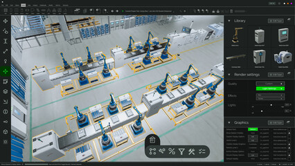 Screen Replacement Software Mockup: Advanced Manufacturing Factory: 3D CAD Software Renders Automated Production Line With Robotic Arms, assembly Conveyors. Moving and Optimizing Machinery