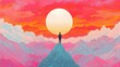 © Xolonavt - Surreal colorful mountains sunrise silhouette art. Person stand on a summit in nature. Landscape of adventure and inspiration, vibrant and fantasy style, digital illustration, visionary concept.