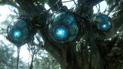 Mystical orbs nestled in ancient tree branches create an ethereal and captivating scene