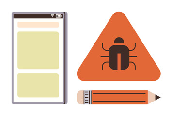 Smartphone screen beside triangular bug alert sign and pencil, symbolizing app testing, debugging, error detection, improvement, coding, teamwork, troubleshooting. Ideal for a simple flat metaphor