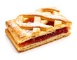 © Marvell - A single slice of homemade fruit pie with a golden lattice pastry top and red jam filling, sprinkled with icing sugar and isolated on a white background