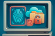 © CreativeIMGIdeas - Digital Fortress: An illustration depicting a secure digital environment with a retro computer screen. Displaying biometric fingerprint, cloud storage, secured folder.