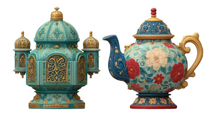 Decorative Teapot and Ornate Kettle with Vibrant Colors and Intricate Patterns