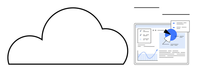 Cloud outline paired with interface showcasing charts, graphs, and data on a screen. Ideal for cloud computing, data analysis, technology, business strategy, remote access, networking simple landing