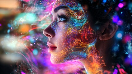 Wall Mural - A captivating close-up view of a woman's face enveloped in vibrant colors. This mesmerizing image captures the intersection of technology and humanity. Generative AI.