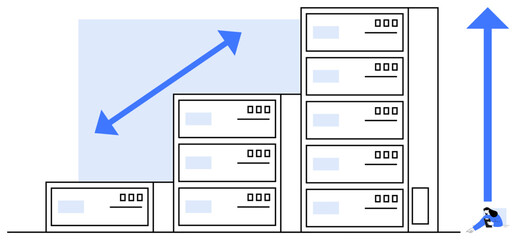 Server stacks arranged in ascending height with upward and diagonal growth arrows. Ideal for scalability, growth, data storage, cloud computing, technology development, IT infrastructure, simple